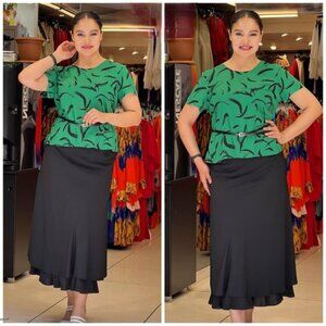 NWT Green & Black Geometric Print Blouse and Black Skirt